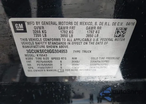 2016 Chevrolet Silverado 1500 2Lz from USA, damaged, VIN 3GCUKSEC8GG304953